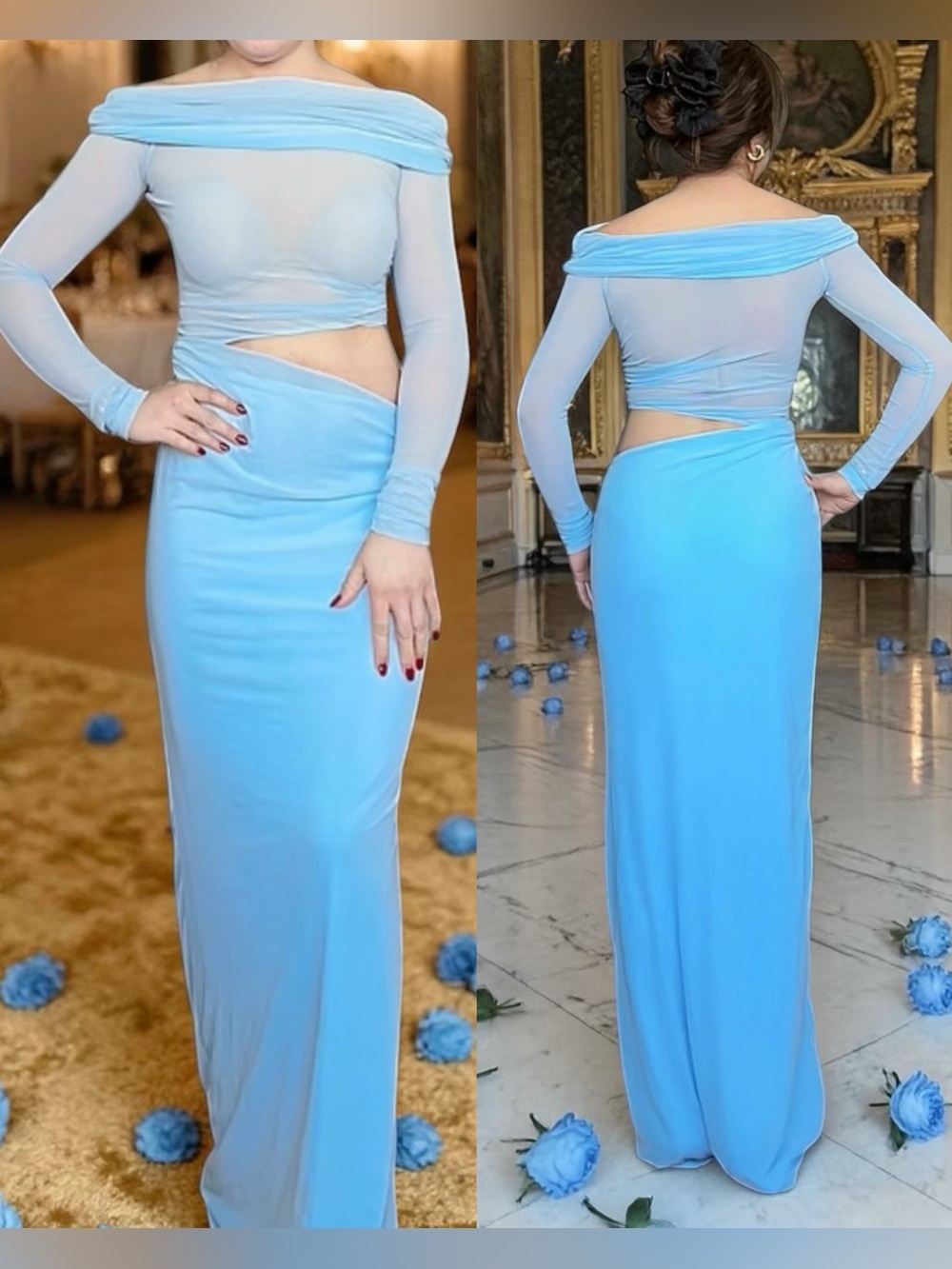 Peppermayo Elegant Off-Shoulder Cutout Maxi Dress in Sky Blue size 4